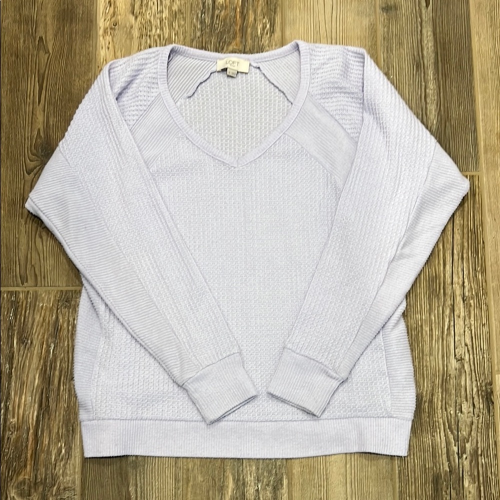 LOFT Purple V-Neck Waffle top with Ribbed Detailing